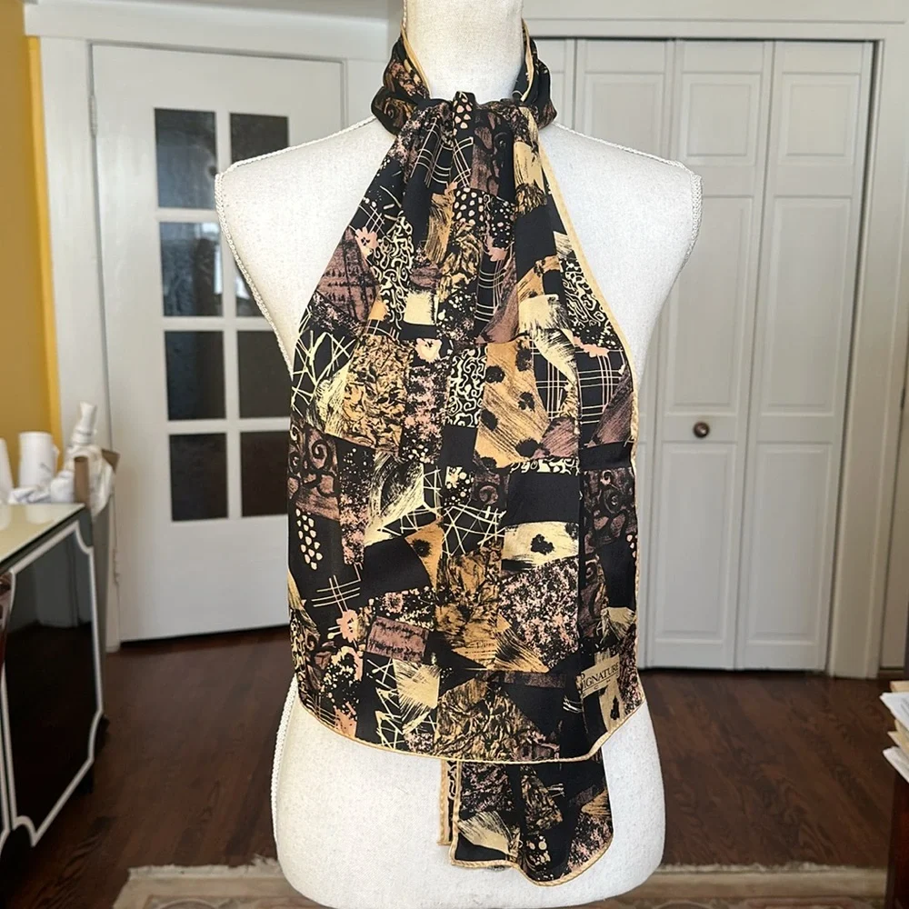 Vintage Echo Signature Black Gold 100% Silk Oblong Scarf Made in Japan